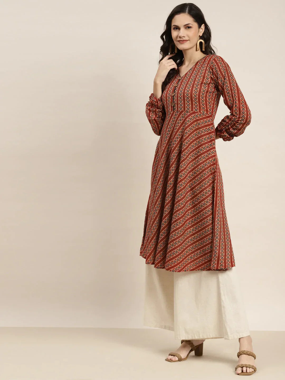 Jompers Women's Printed Anarkali Kurta - Brown