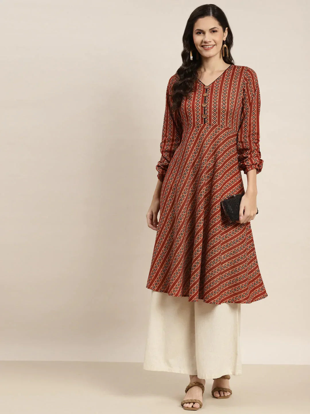 Jompers Women's Printed Anarkali Kurta - Brown