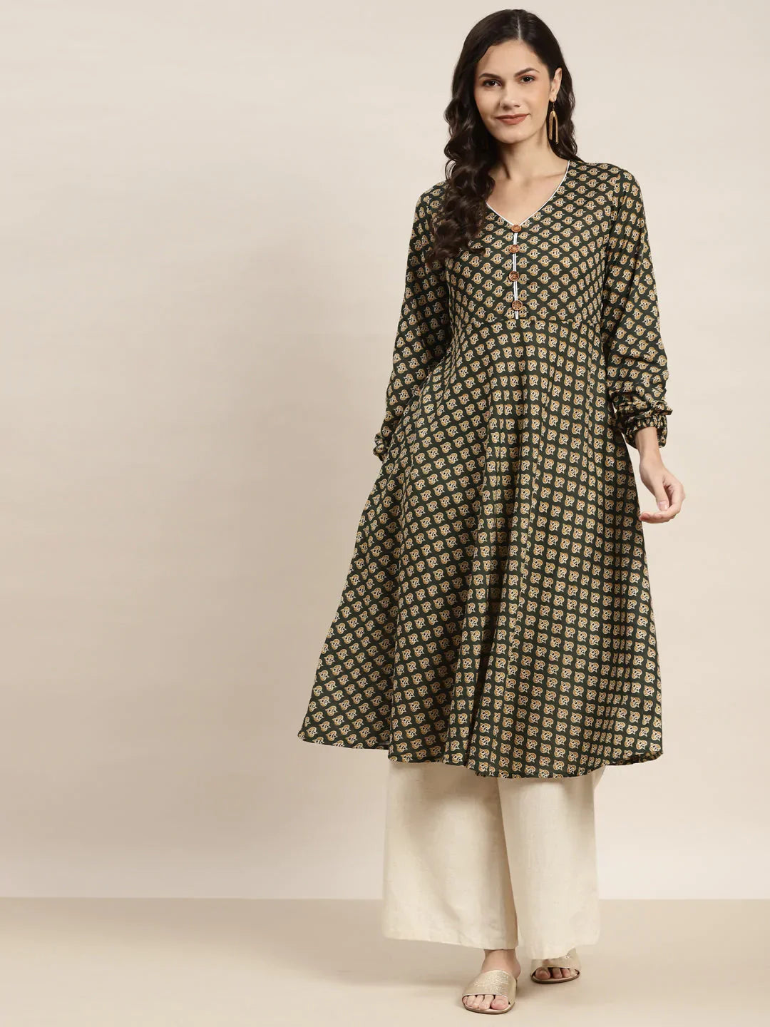 Jompers Women's Printed Anarkali Kurta - Green