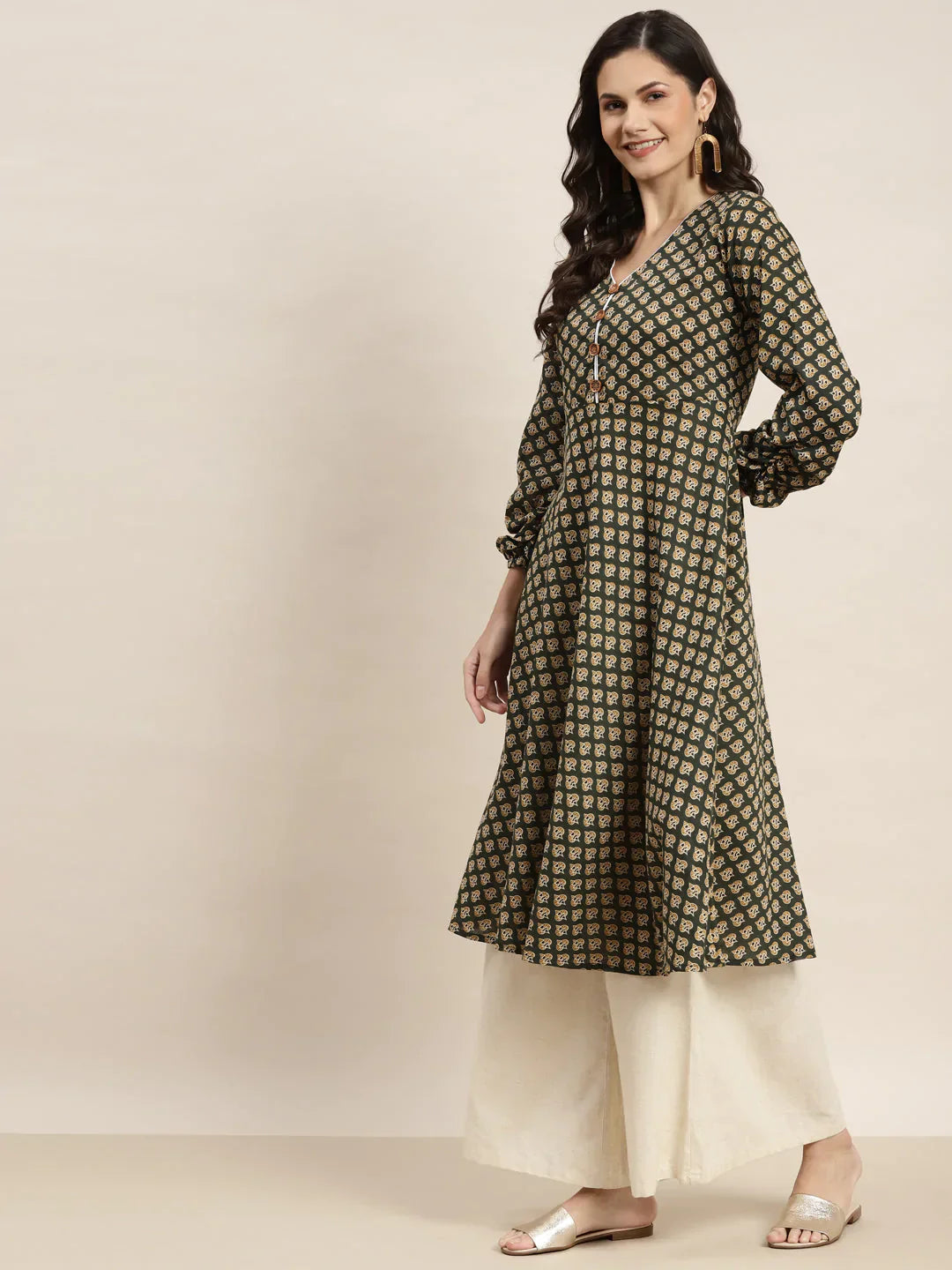 Jompers Women's Printed Anarkali Kurta - Green