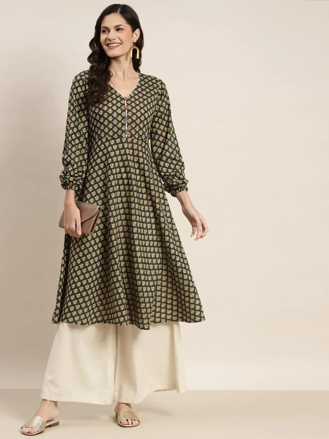 Jompers Women's Printed Anarkali Kurta - Green