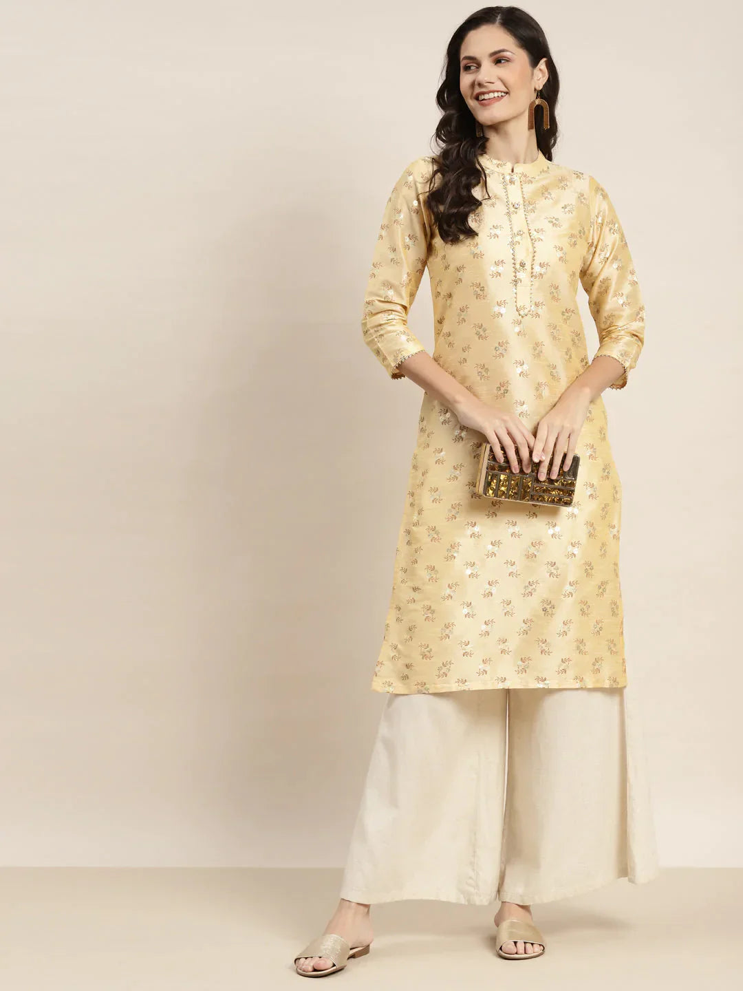 Jompers Women's Printed Gotta Patti Kurta - Cream