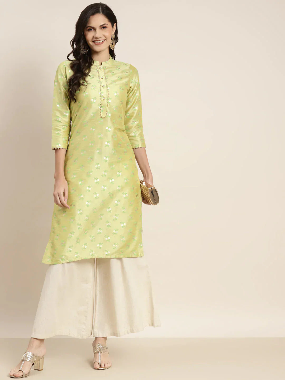 Jompers Women's Printed Gotta Patti Kurta - Lime