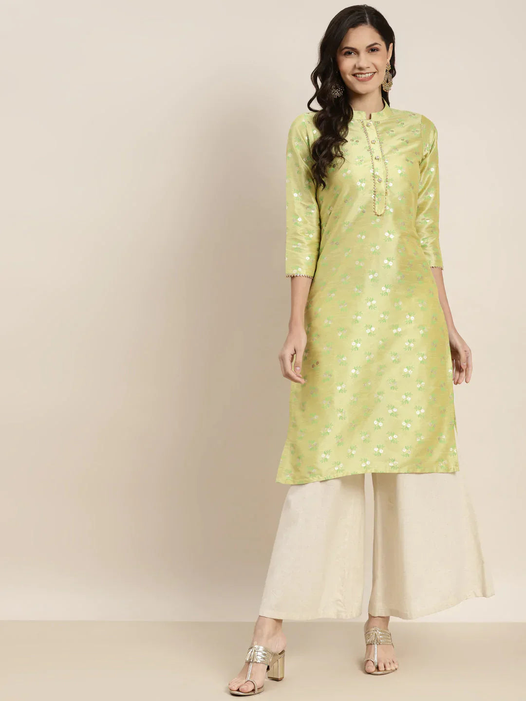 Jompers Women's Printed Gotta Patti Kurta - Lime