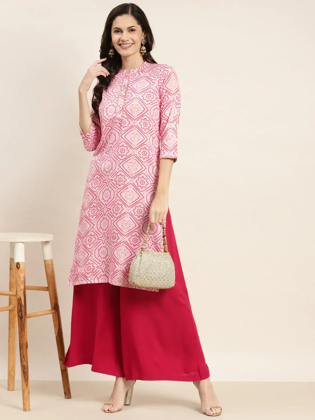 Jompers Women's Printed Gotta Patti Kurta - Pink