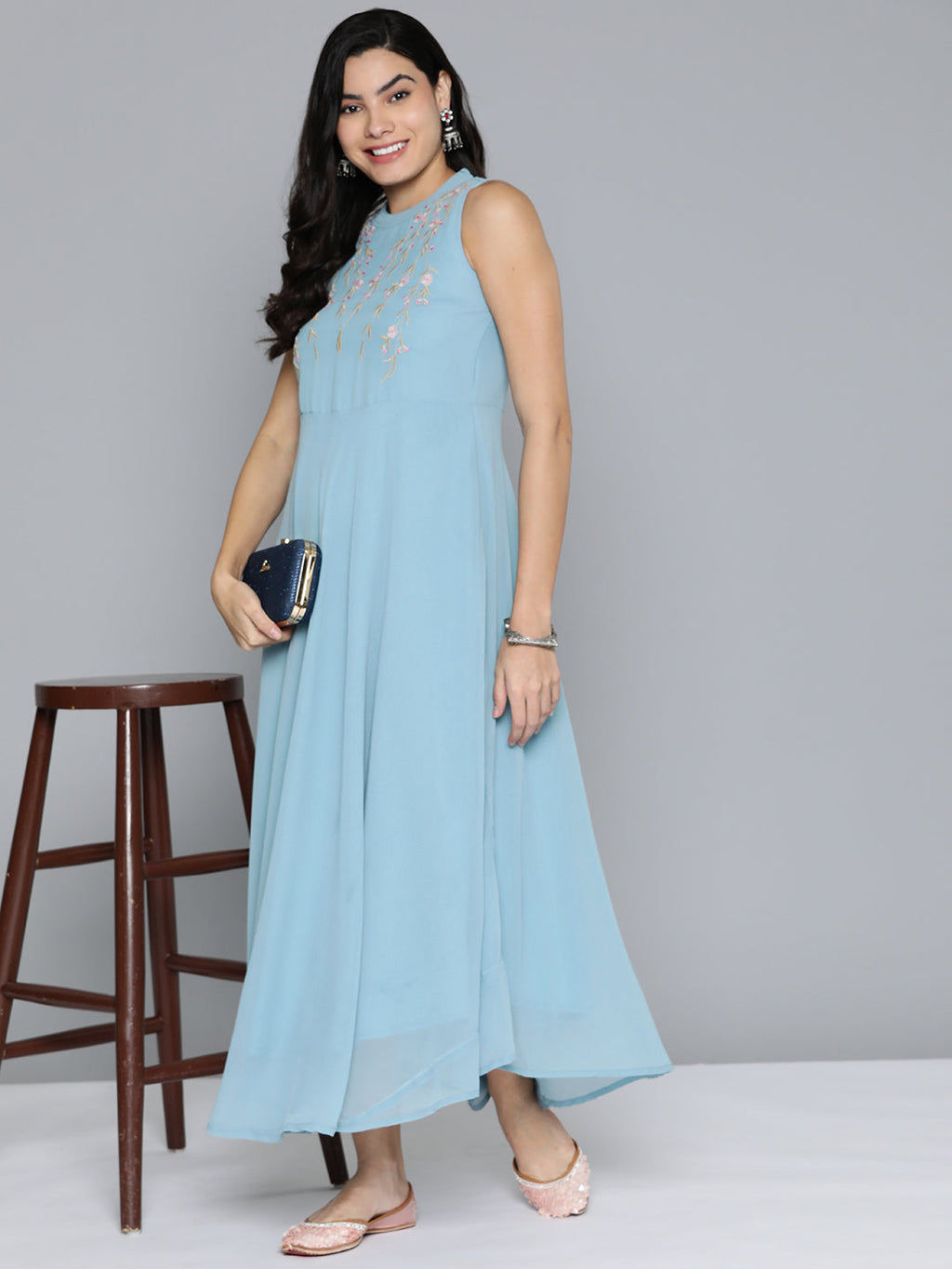 Jompers Women's Embroidered Powder Grey flared Dress - Blue