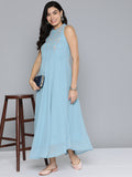 Jompers Women's Embroidered Powder Grey flared Dress - Blue