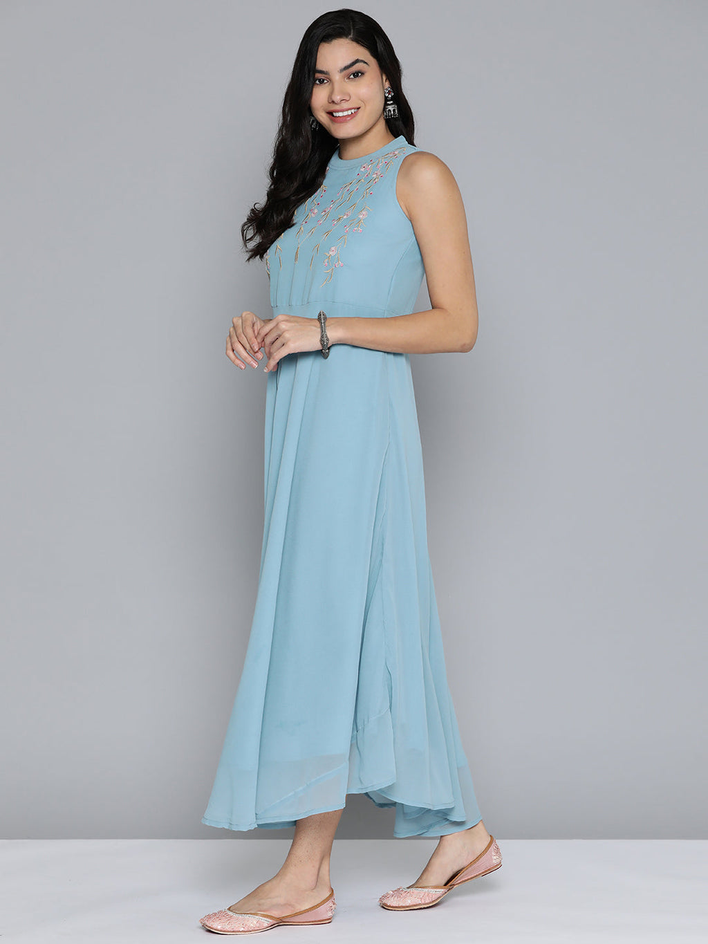 Jompers Women's Embroidered Powder Grey flared Dress - Blue