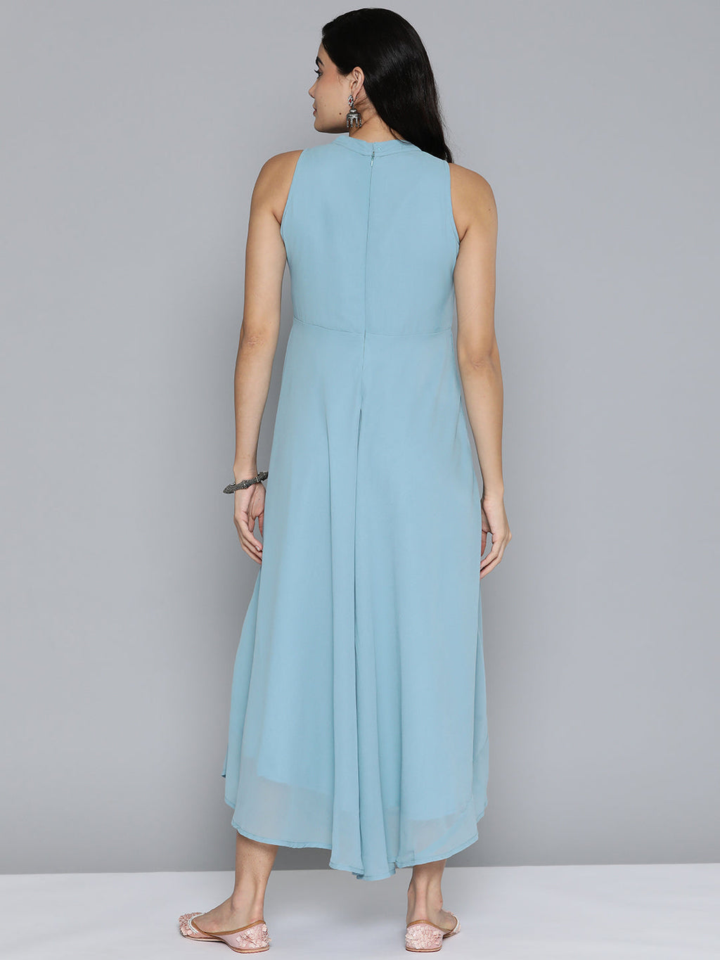 Jompers Women's Embroidered Powder Grey flared Dress - Blue