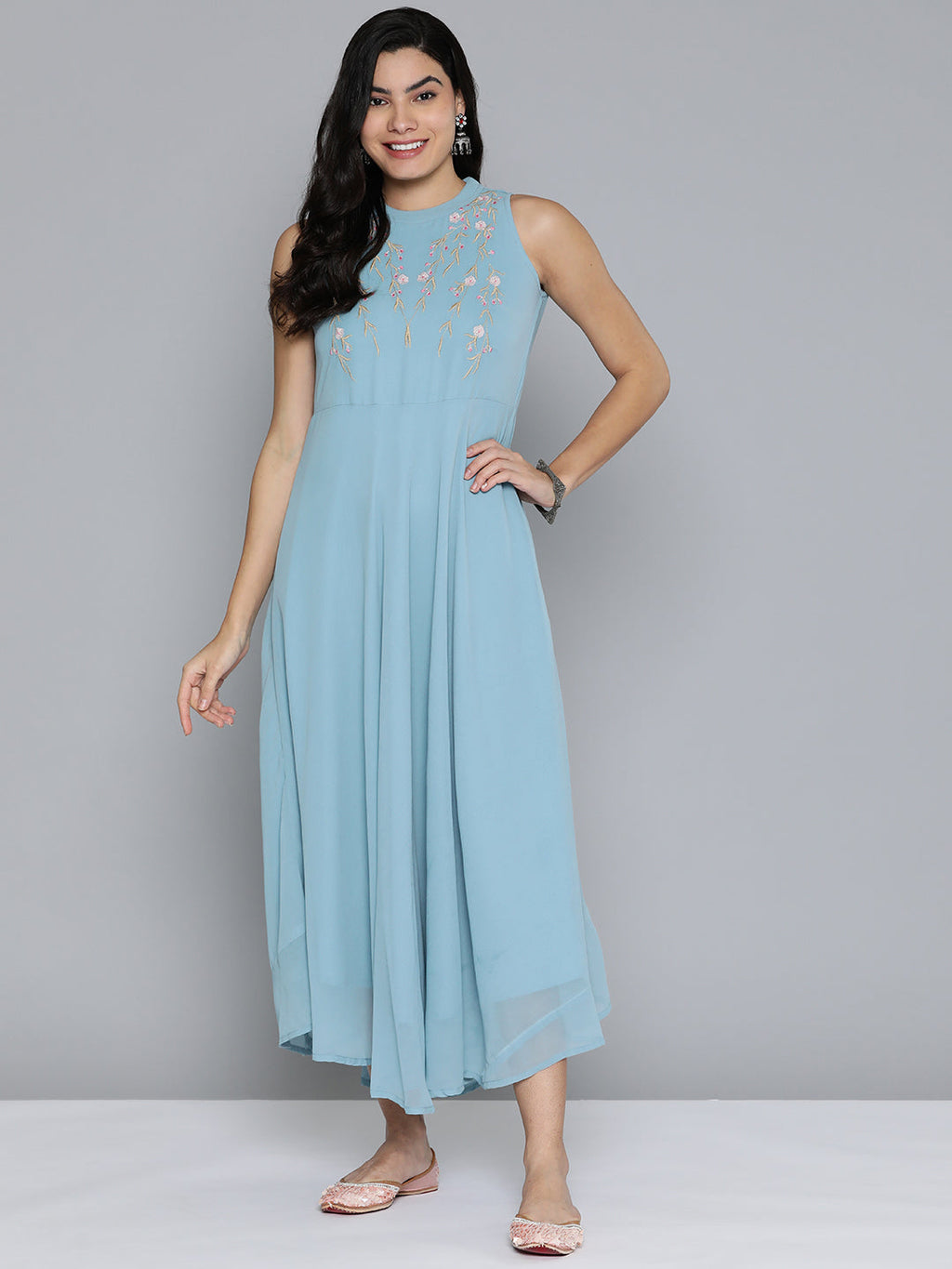 Jompers Women's Embroidered Powder Grey flared Dress - Blue