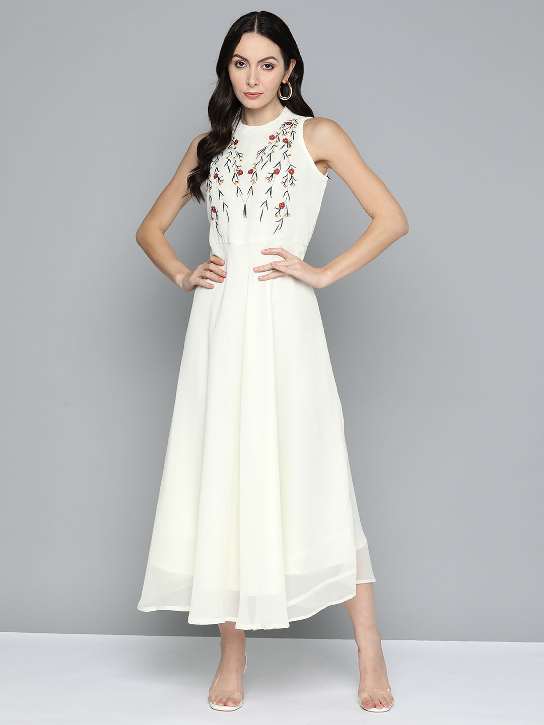 Jompers Women's Embroidered A-Line Midi Dress - Ivory