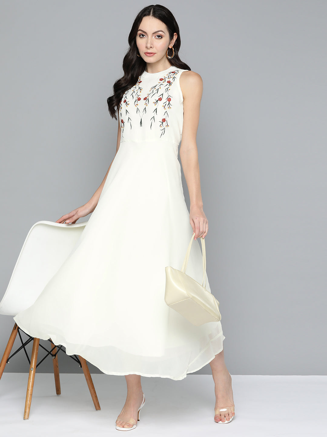 Jompers Women's Embroidered A-Line Midi Dress - Ivory
