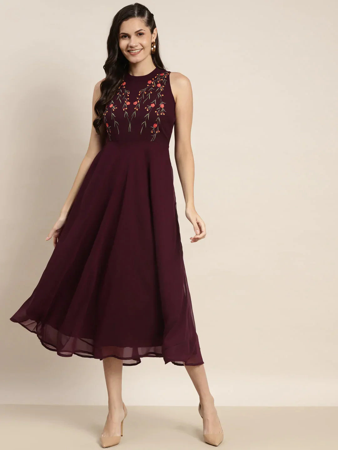 Jompers Women's Embroidered A-Line Midi Dress - Purple