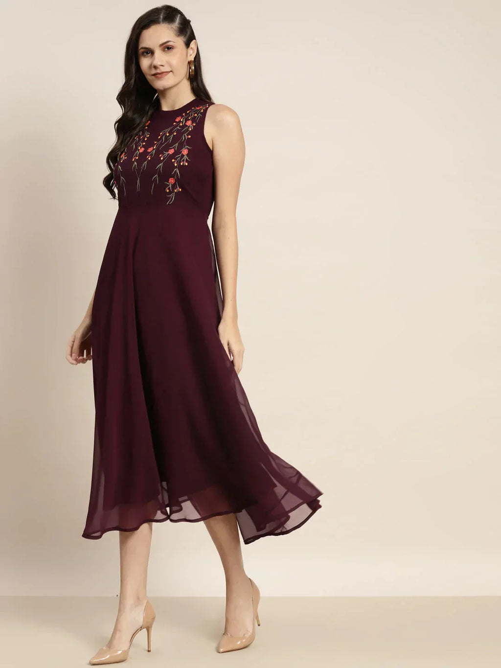 Jompers Women's Embroidered A-Line Midi Dress - Purple