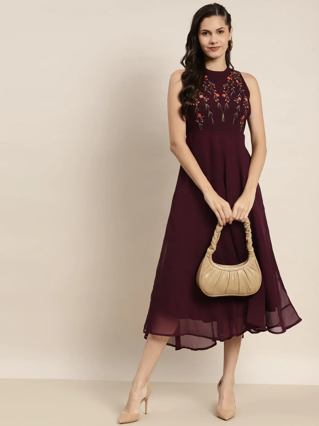 Jompers Women's Embroidered A-Line Midi Dress - Purple