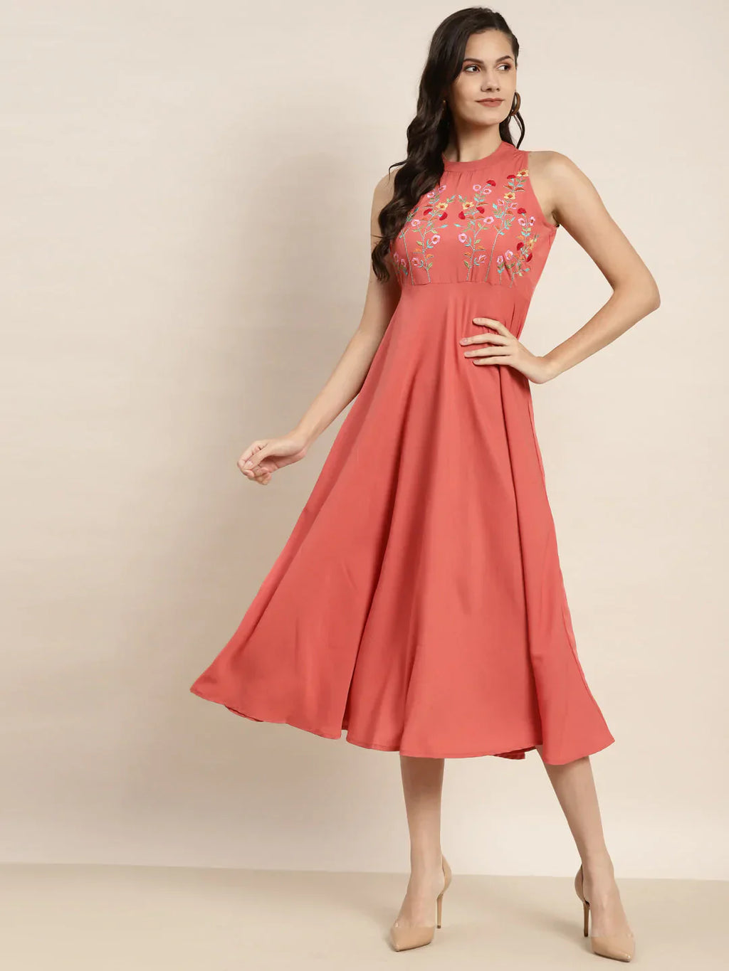 Jompers Women's Embroidered A-Line Midi Dress - Pink