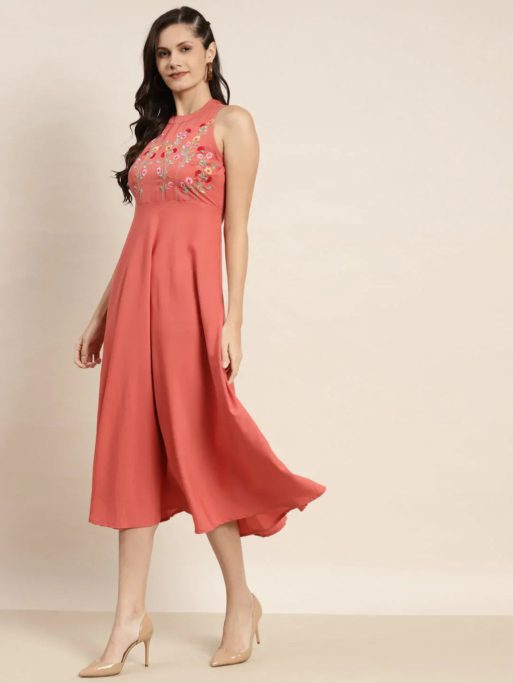 Jompers Women's Embroidered A-Line Midi Dress - Pink