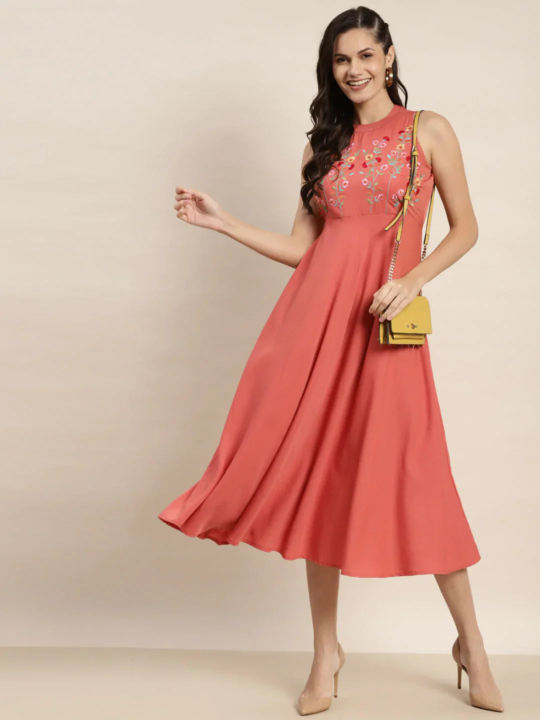 Jompers Women's Embroidered A-Line Midi Dress - Pink