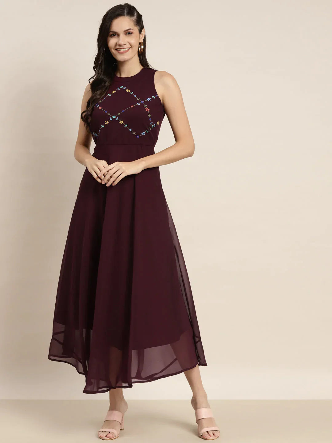 Jompers Women's Embroidered A-Line Midi Dress - Purple