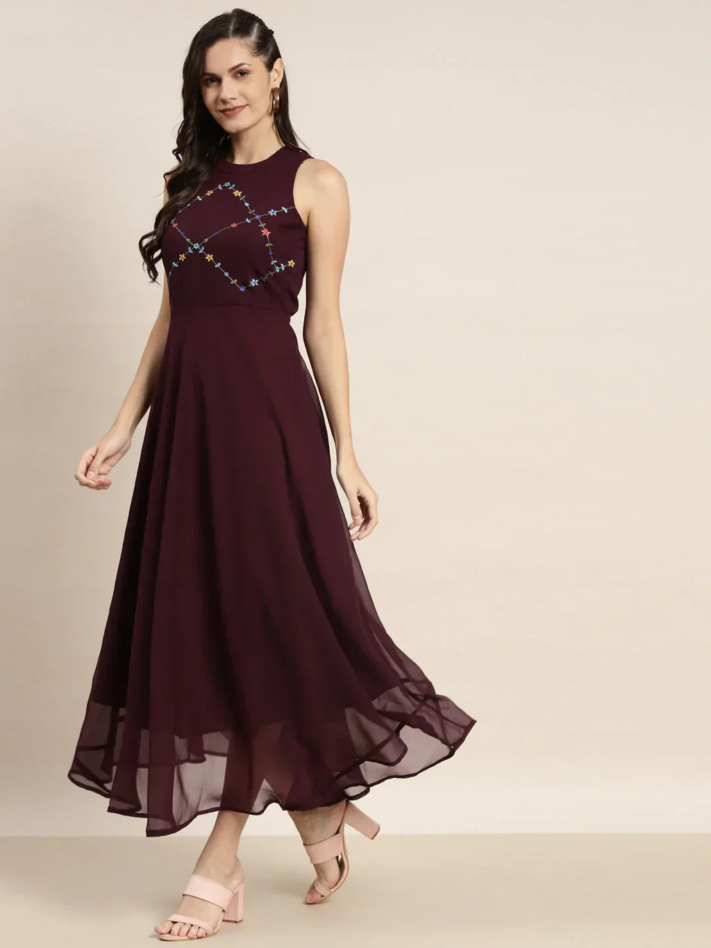Jompers Women's Embroidered A-Line Midi Dress - Purple