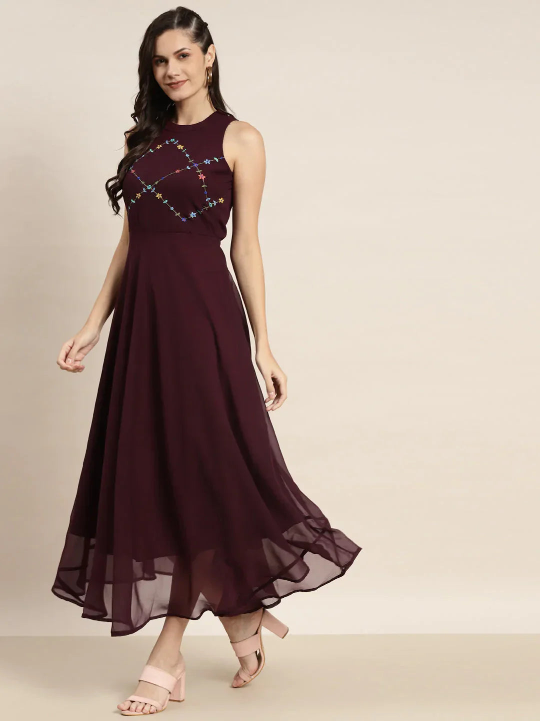 Jompers Women's Embroidered A-Line Midi Dress - Purple