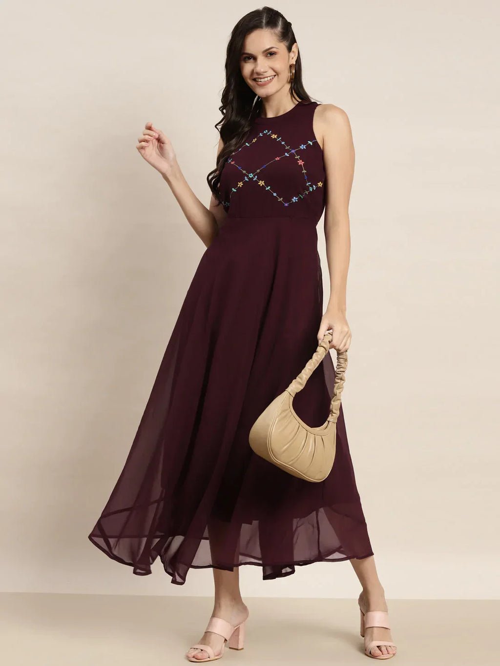 Jompers Women's Embroidered A-Line Midi Dress - Purple