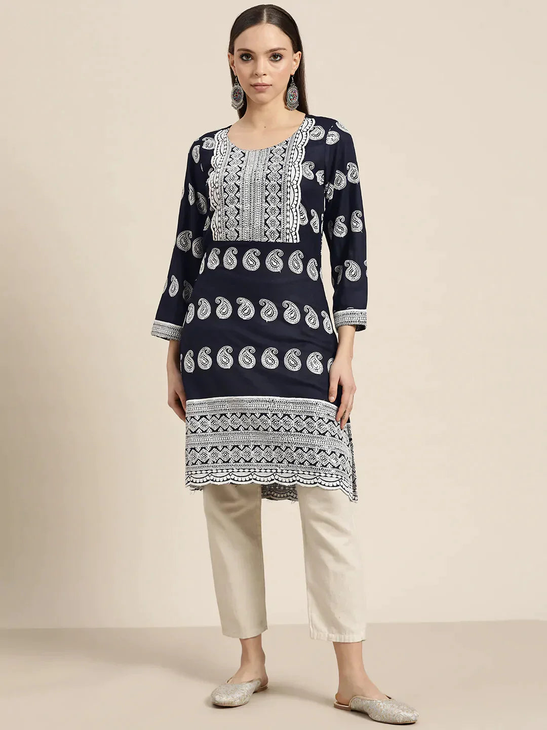Jompers Women's Paisley Embroidered Sequinned Chikankari Kurta - Navy Blue