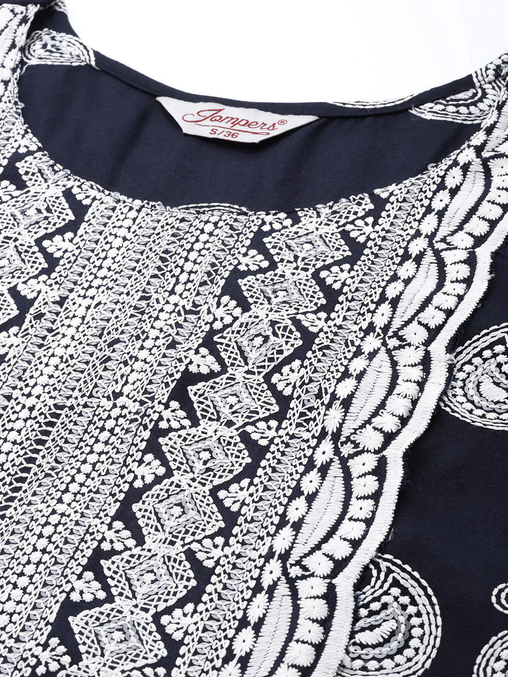 Jompers Women's Paisley Embroidered Sequinned Chikankari Kurta - Navy Blue