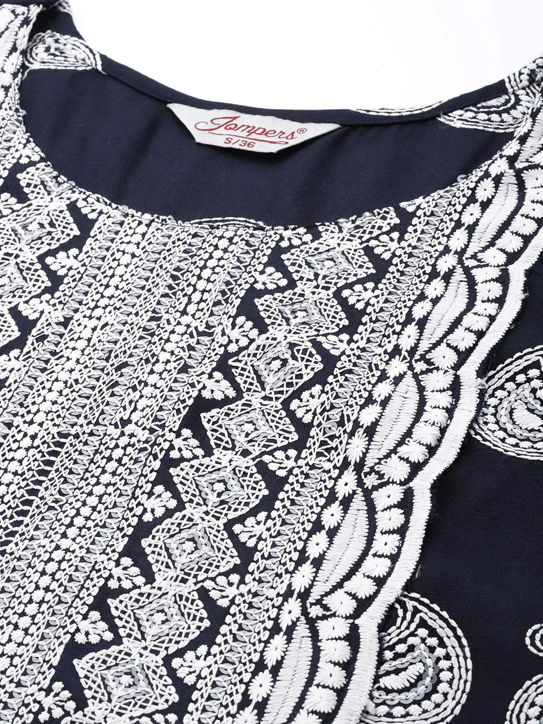 Jompers Women's Paisley Embroidered Sequinned Chikankari Kurta - Navy Blue