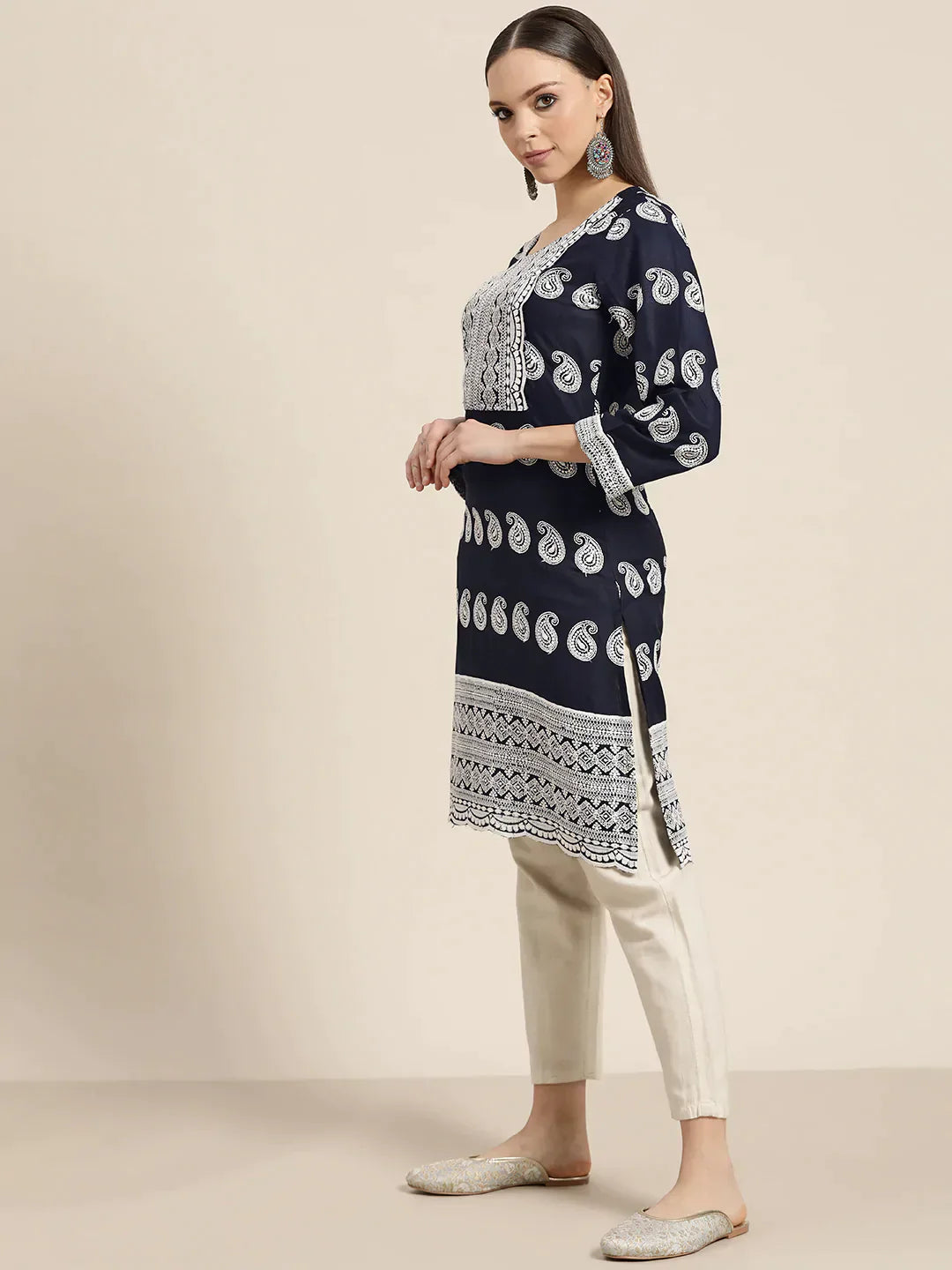 Jompers Women's Paisley Embroidered Sequinned Chikankari Kurta - Navy Blue