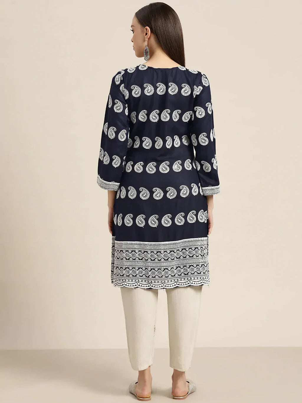 Jompers Women's Paisley Embroidered Sequinned Chikankari Kurta - Navy Blue