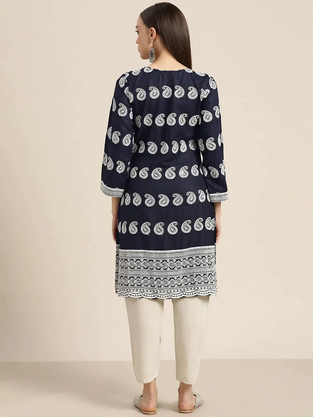 Jompers Women's Paisley Embroidered Sequinned Chikankari Kurta - Navy Blue
