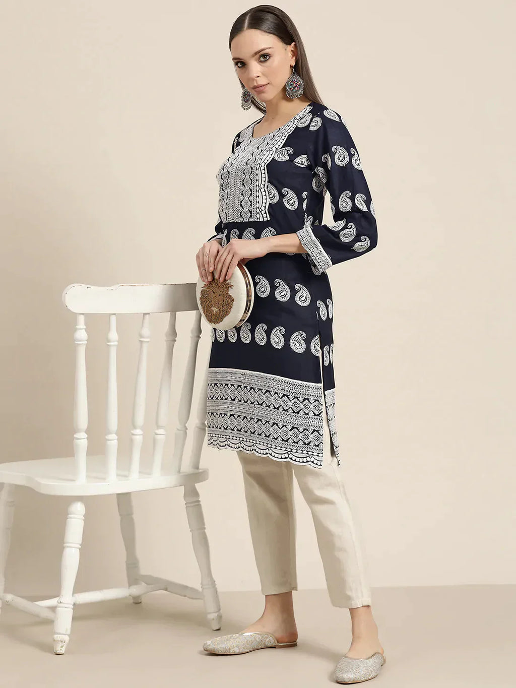 Jompers Women's Paisley Embroidered Sequinned Chikankari Kurta - Navy Blue