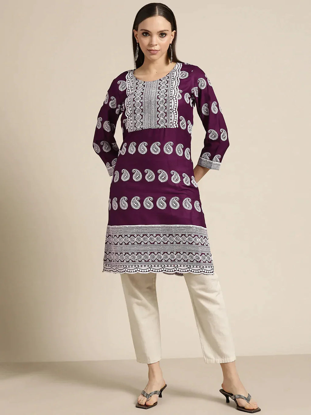 Jompers Women's Paisley Embroidered Sequinned Chikankari Kurta - Purple