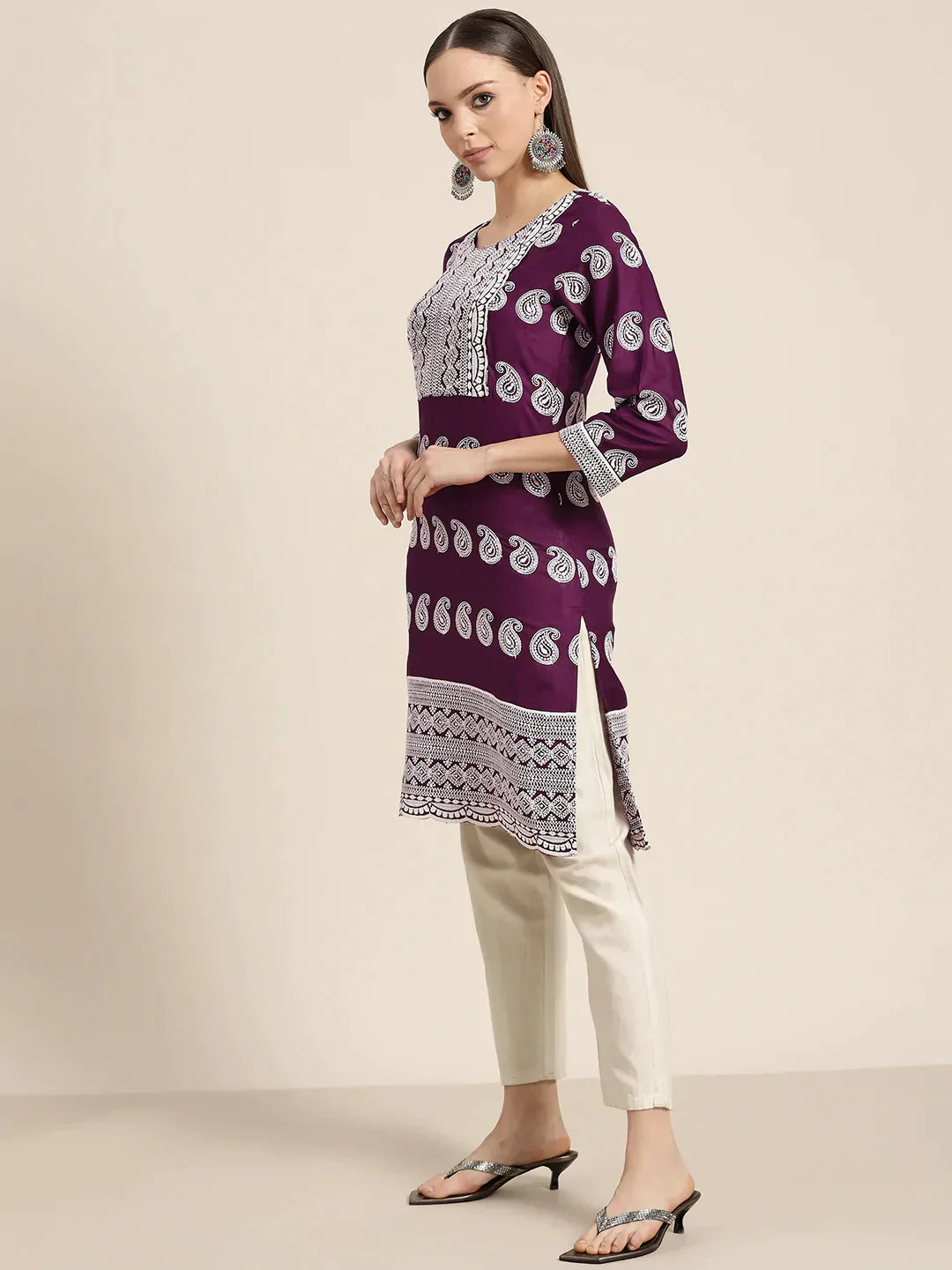 Jompers Women's Paisley Embroidered Sequinned Chikankari Kurta - Purple