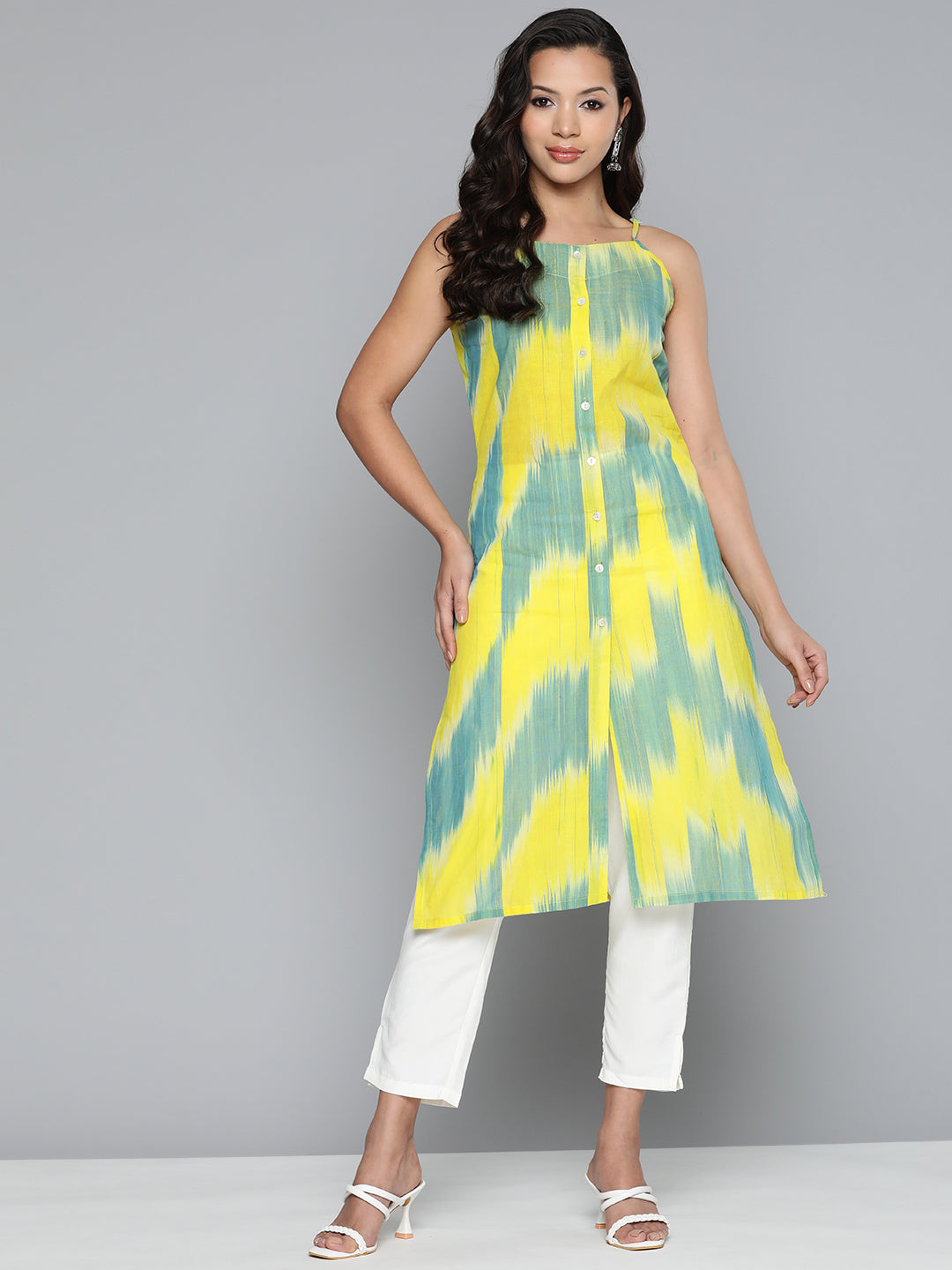 Jompers Women's Pure Cotton Yellow Ikkat Kurta