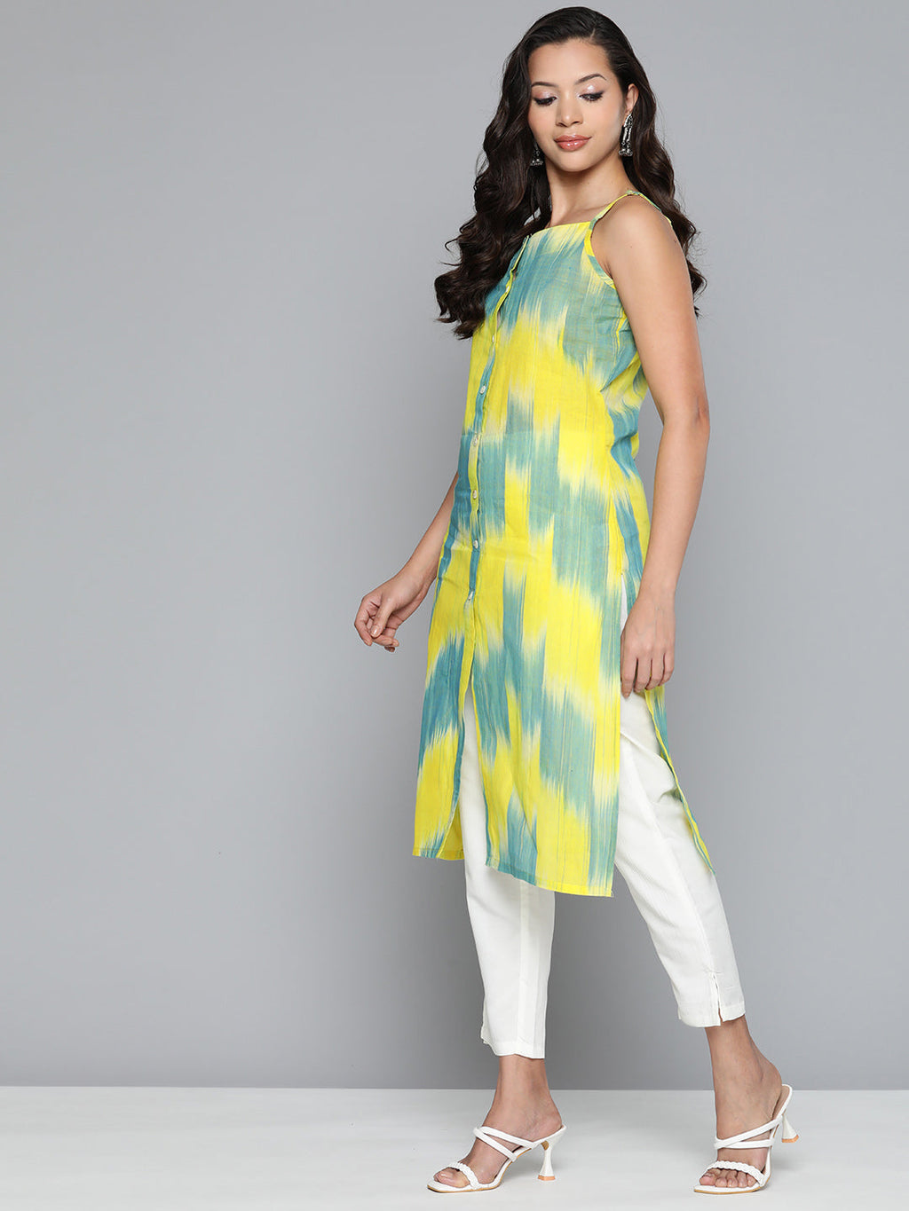 Jompers Women's Pure Cotton Yellow Ikkat Kurta