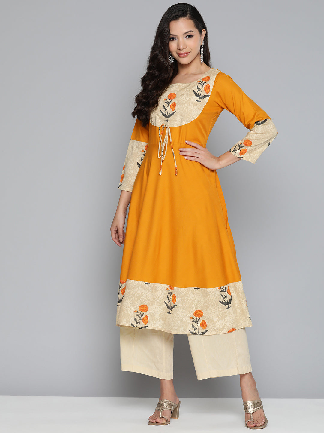 Jompers Women's Floral Printed Mustard Floral Kurta