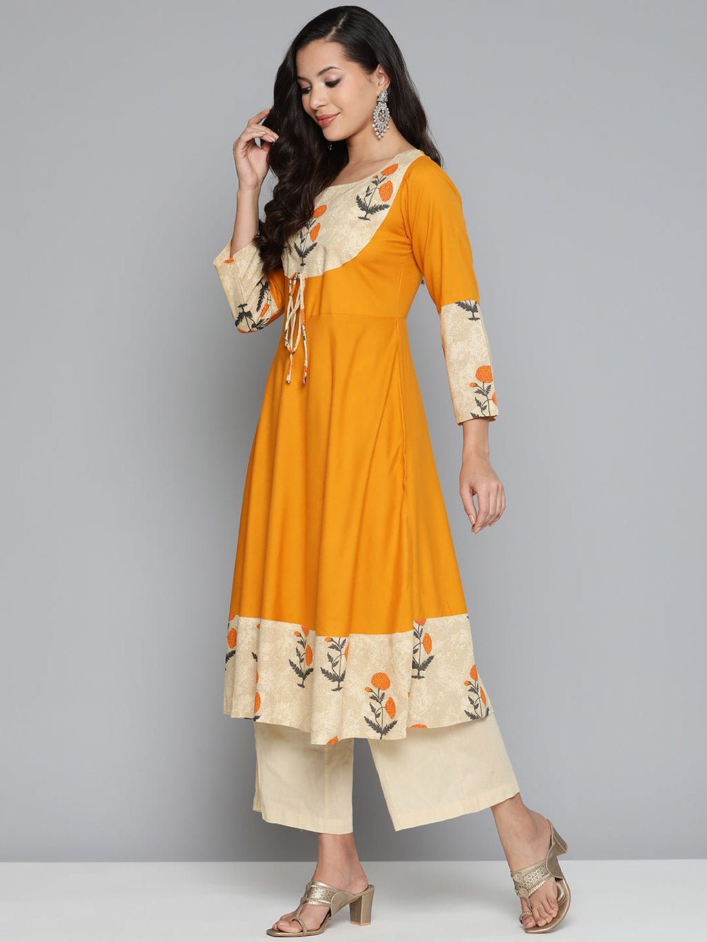 Jompers Women's Floral Printed Mustard Floral Kurta