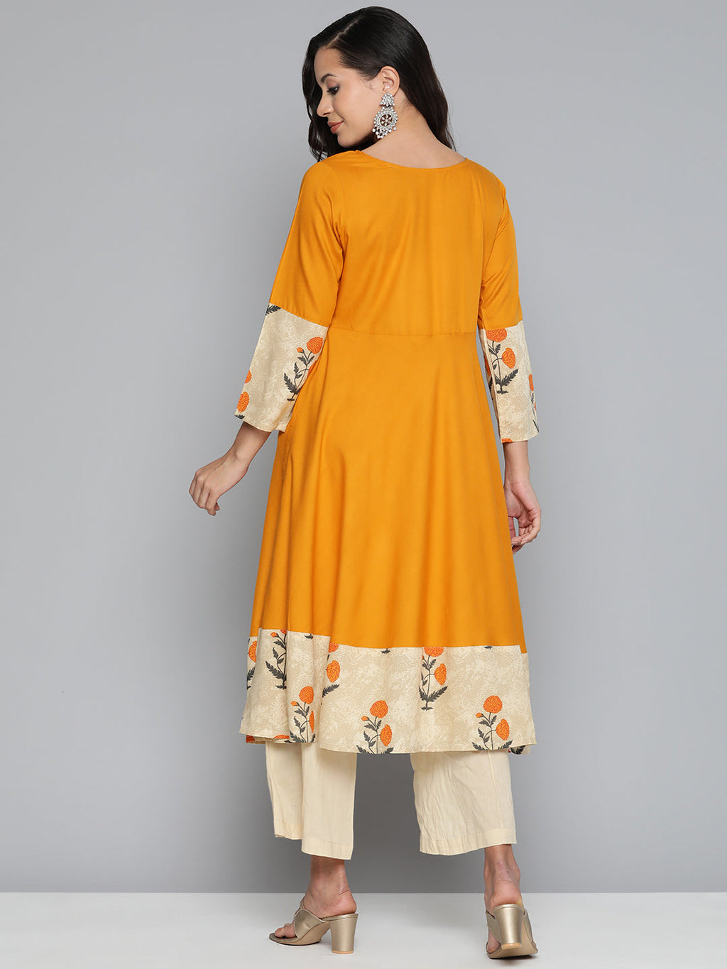 Jompers Women's Floral Printed Mustard Floral Kurta