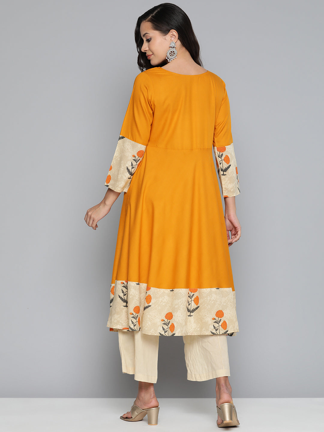 Jompers Women's Floral Printed Mustard Floral Kurta