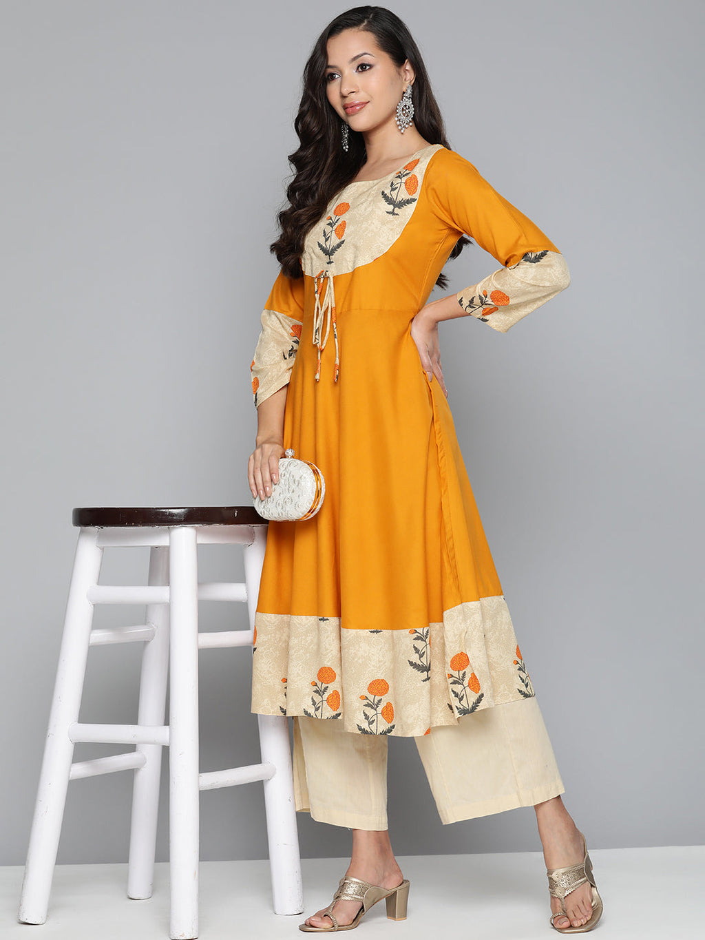 Jompers Women's Floral Printed Mustard Floral Kurta
