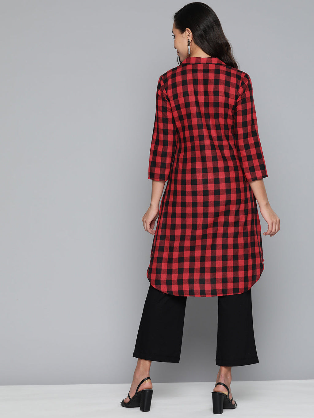 Jompers Women's Red-Black Checks Kurta
