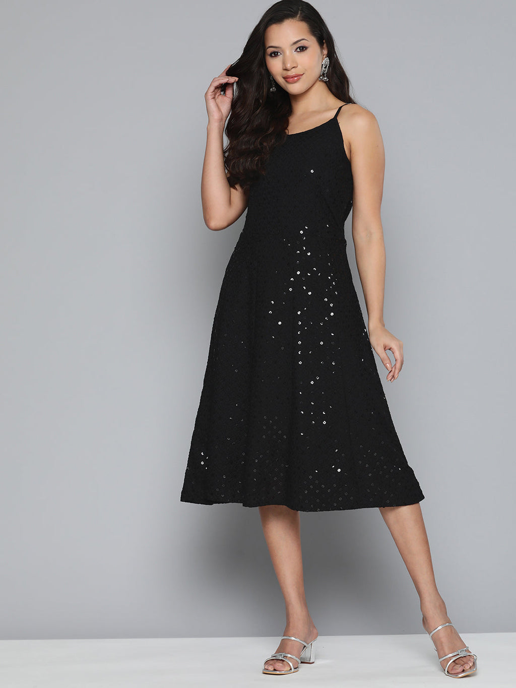 Jompers Women's Black Floral Sequin Embroidered A-Line Midi Dress - Black
