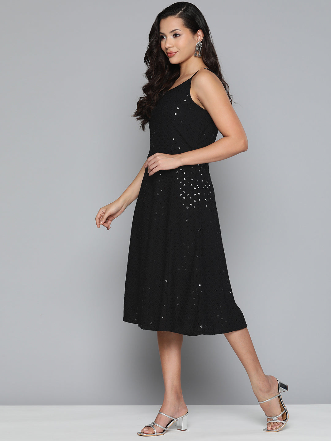 Jompers Women's Black Floral Sequin Embroidered A-Line Midi Dress - Black