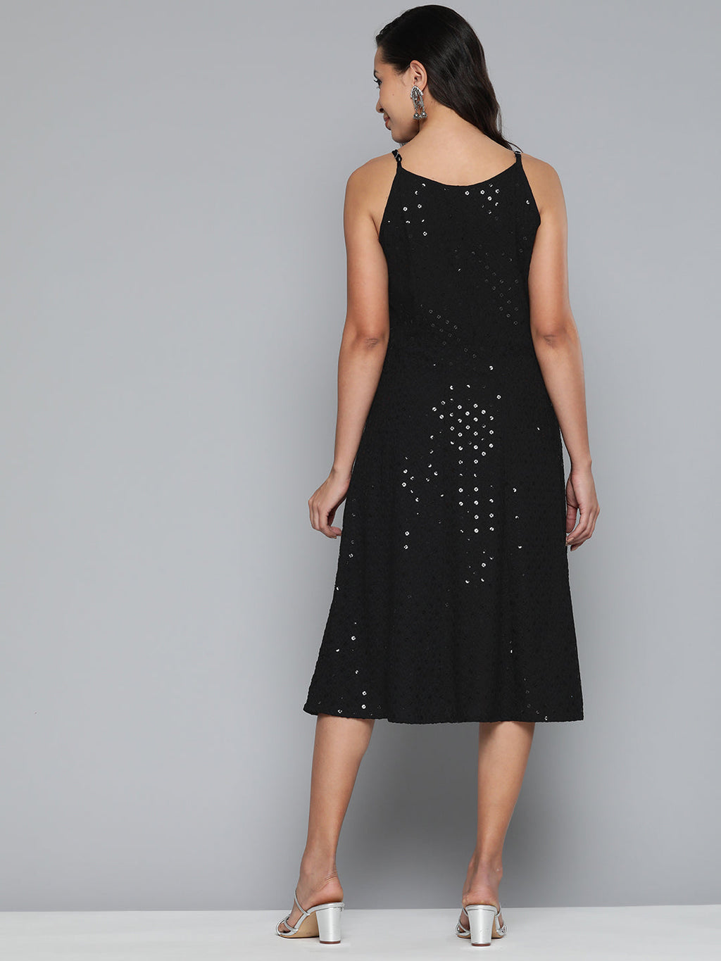 Jompers Women's Black Floral Sequin Embroidered A-Line Midi Dress - Black