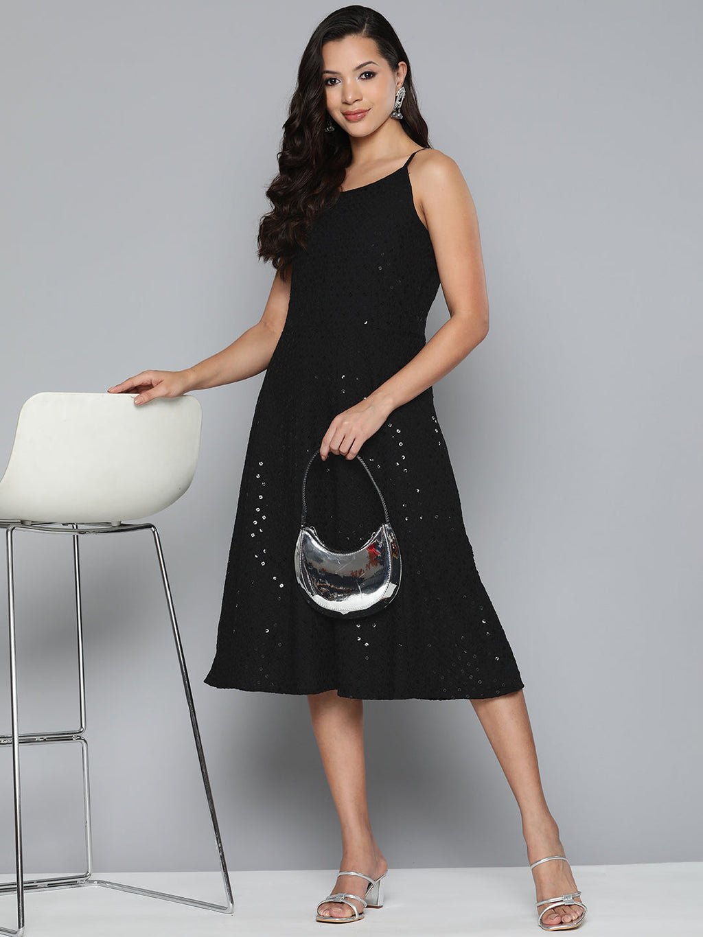 Jompers Women's Black Floral Sequin Embroidered A-Line Midi Dress - Black
