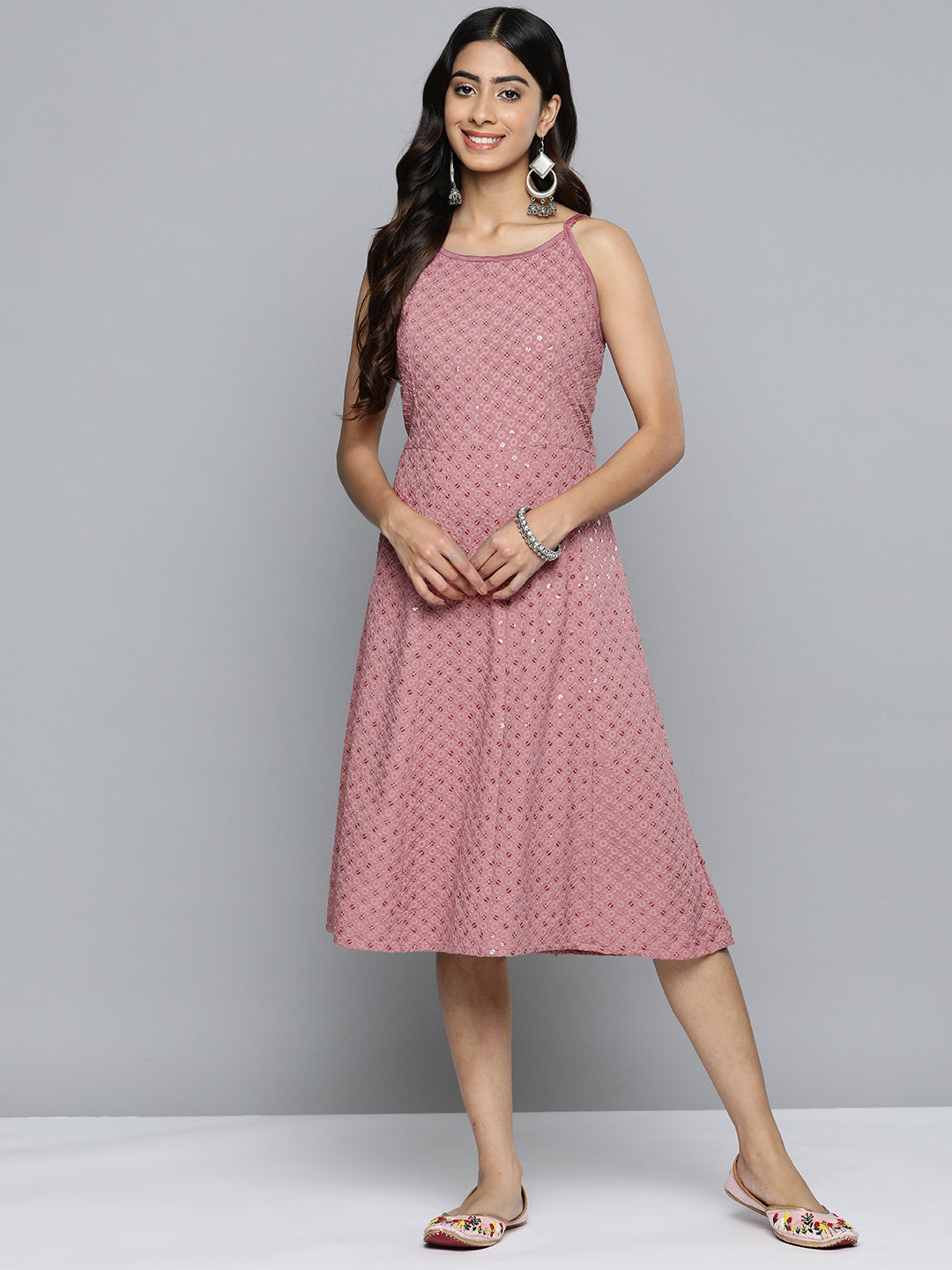 Jompers Women's Coral Floral Sequin Embroidered A-Line Midi Dress