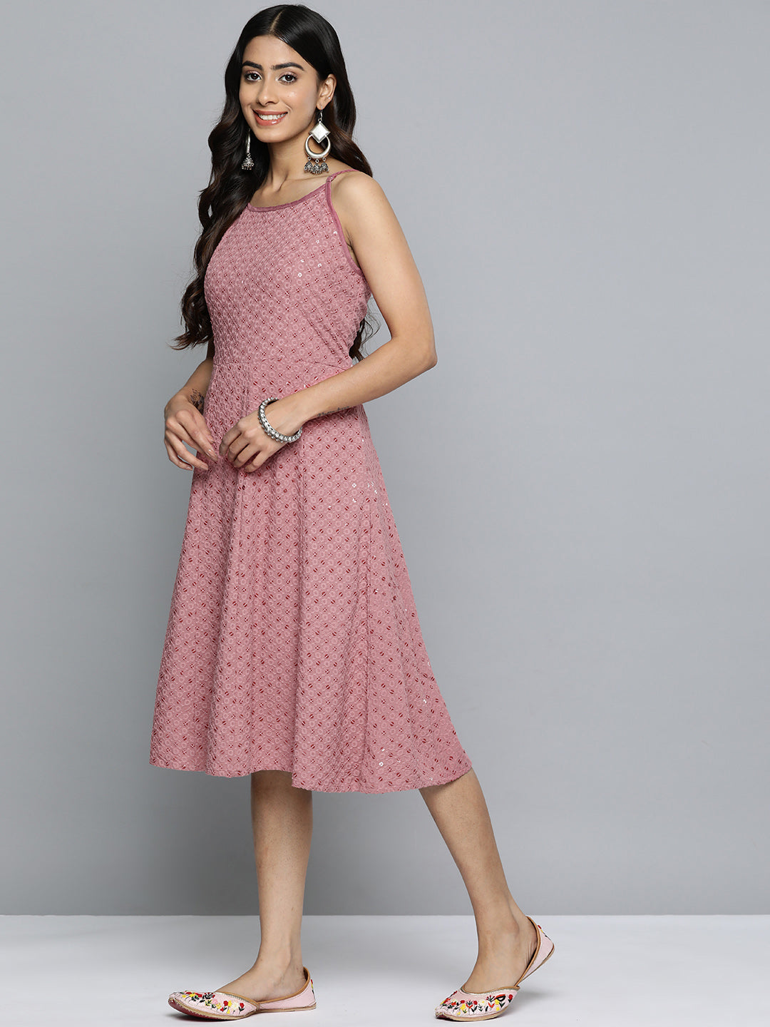 Jompers Women's Coral Floral Sequin Embroidered A-Line Midi Dress