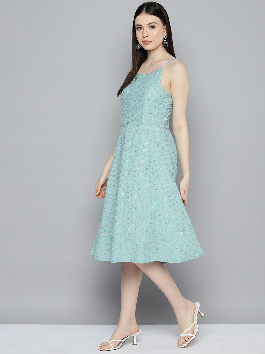 Jompers Women's Sequin work, anarkali ethnic dress - Light-Blue